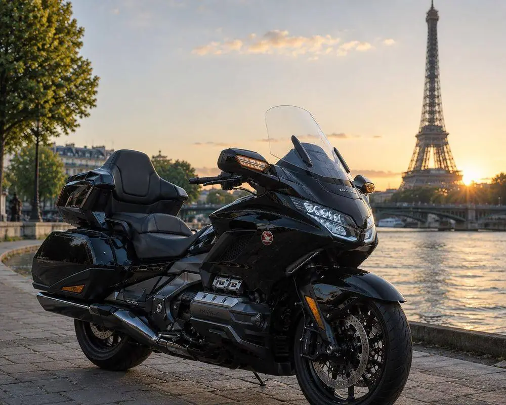 Moto Honda Gold Wing Express Gold Paris quai de Seine face à la Tour Eiffel en fin de journée