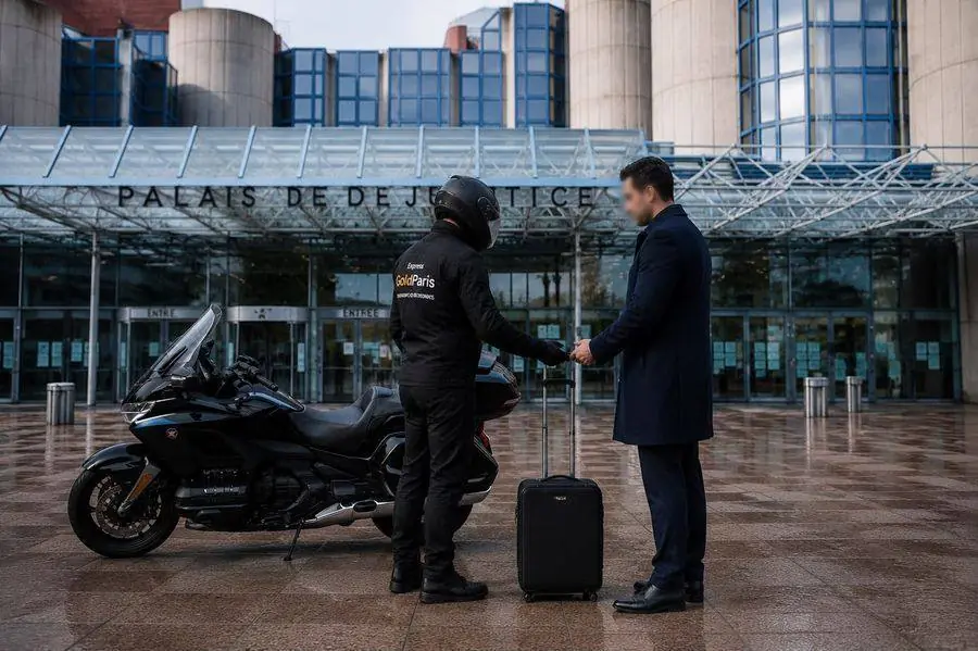 Chauffeur Express Gold Paris accueillant un client avec sa valise devant le Palais de Justice